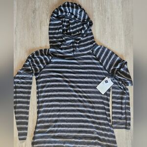 NWT GapFit Striped Gray White Long Sleeve Thumb Hole Cowl Neck Pullover Hoodie